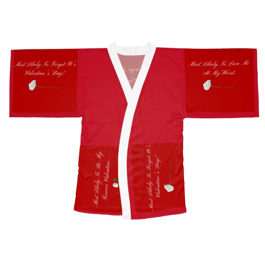 red valentine kimono robe – "because every love story has one" floral aop