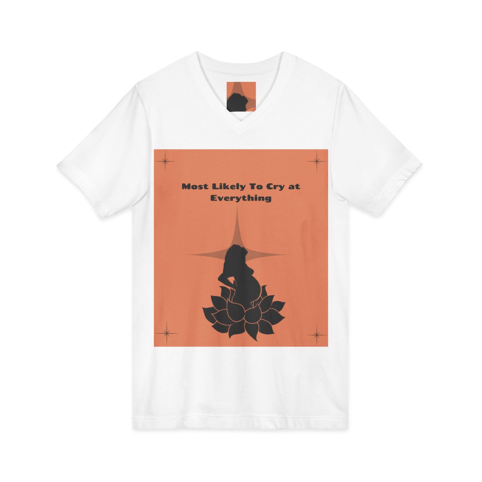 v neck tee — “most likely to cry at everything” silhouette graphic v neck tee — “most likely to cry at everything” silhouette graphic