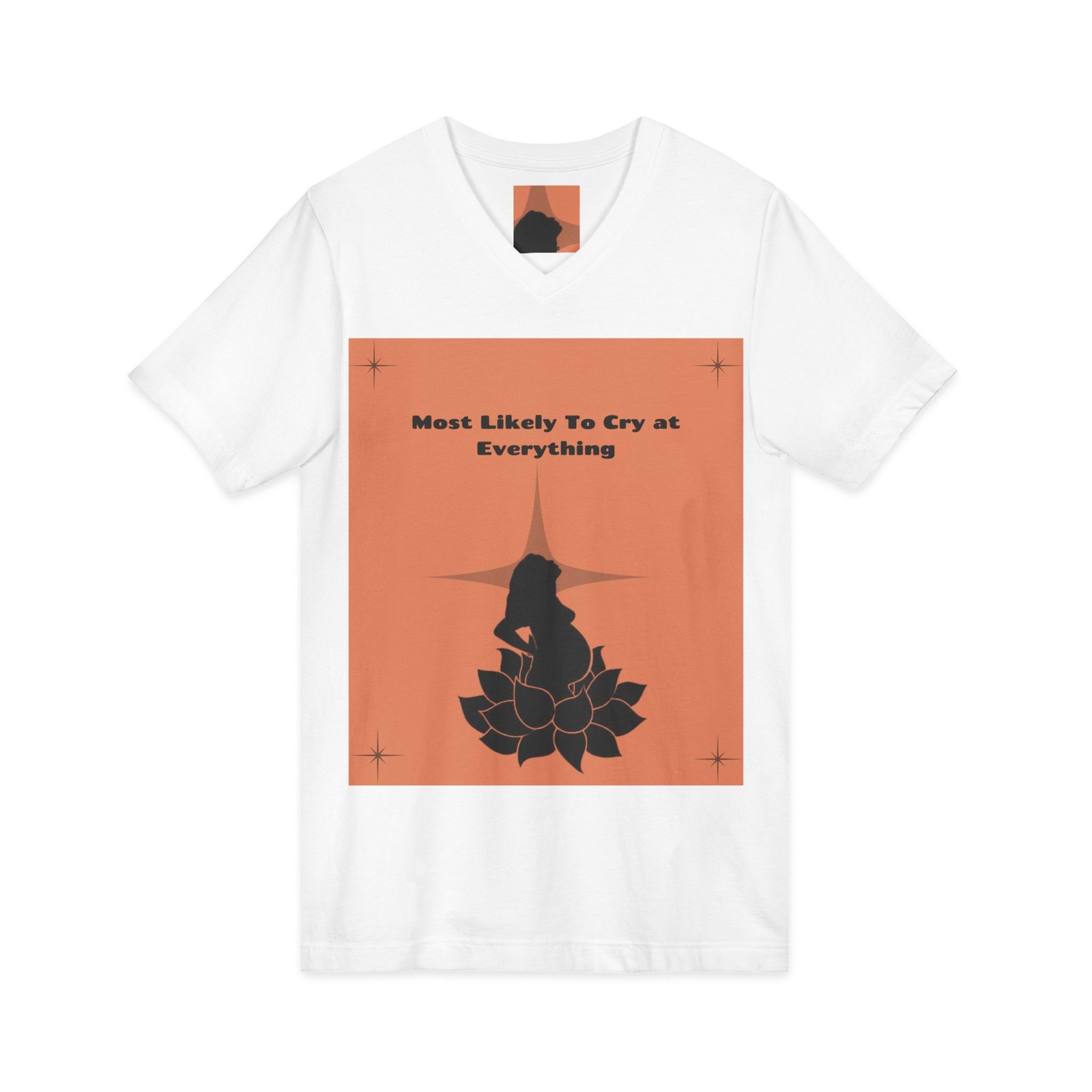v neck tee — “most likely to cry at everything” witch silhouette graphic v neck tee — “most likely to cry at everything” witch silhouette graphic