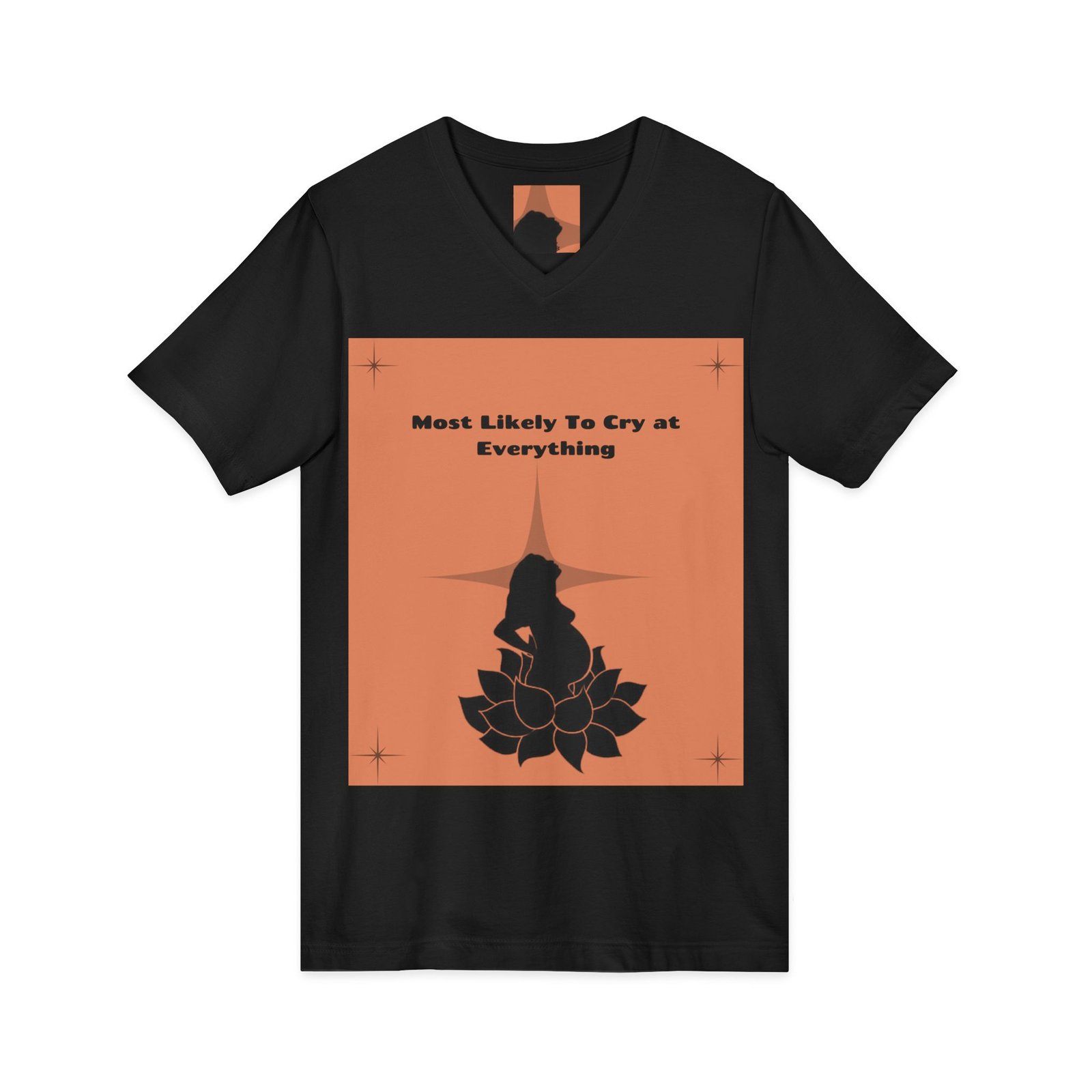v neck tee — “most likely to cry at everything” witch silhouette graphic v neck tee — “most likely to cry at everything” witch silhouette graphic