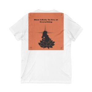 v neck tee — “most likely to cry at everything” silhouette graphic