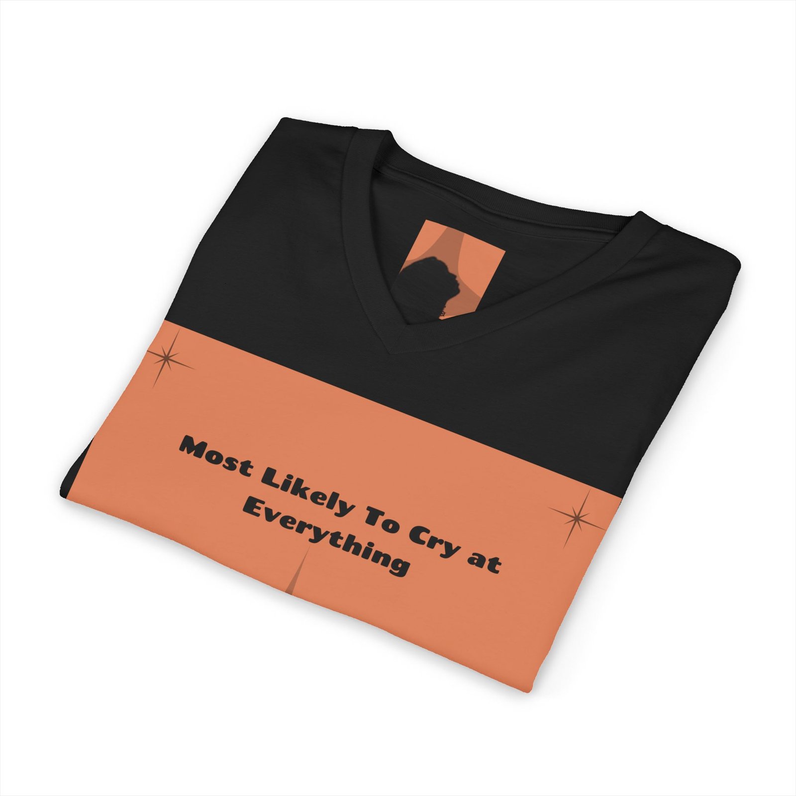 v neck tee — “most likely to cry at everything” witch silhouette graphic v neck tee — “most likely to cry at everything” witch silhouette graphic