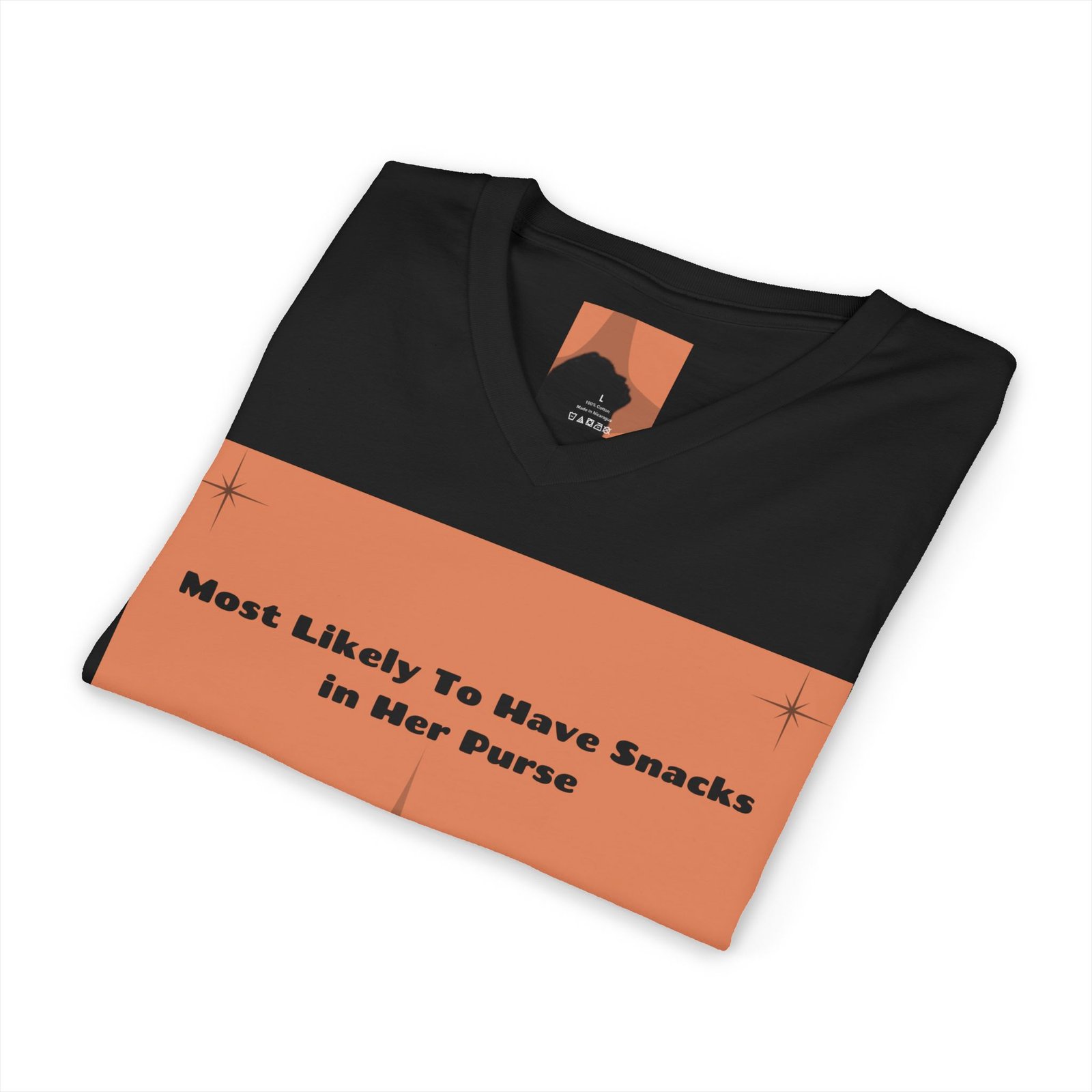 “most likely to have snacks in her purse” v‑neck tee “most likely to have snacks in her purse” v‑neck tee
