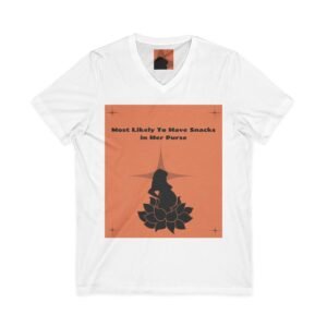 “most likely to have snacks in her purse” v‑neck tee