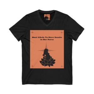 “most likely to have snacks in her purse” v‑neck tee
